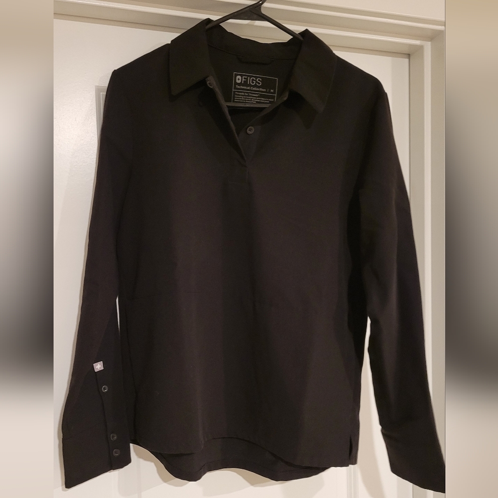 Figs black collard long sleeve scrub top